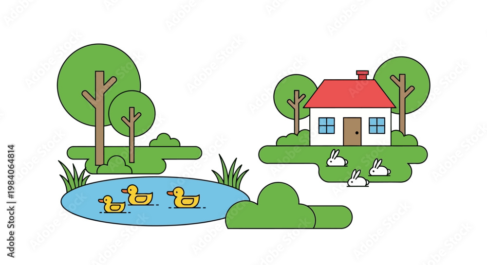 Fototapeta premium Charming countryside scene with house trees ducks and rabbits on transparent background silhouette