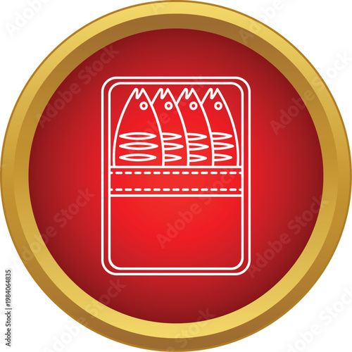 Line art icon showing sardines in an opened tin can on a red circular background
