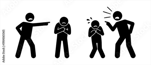 Two figures in distress under verbal attack by larger figures