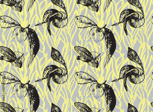 Seamless vector pattern with hand drawn grunge lemon fruit and citrus branch. Artistic ink sketch botanical illustration on grey background for modern textile, wallpaper, and kitchen decor print