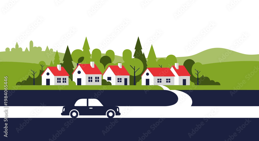 Fototapeta premium Charming houses and a car on a winding road silhouette on transparent background