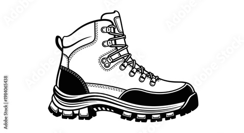 Black and white illustration of a sturdy hiking boot for outdoor adventures.
