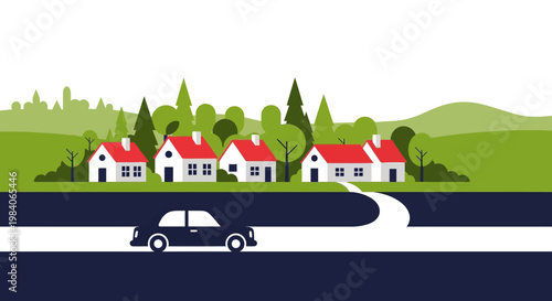 Charming houses and a car on a winding road silhouette on transparent background