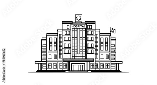 Modern hospital building with a star of life emblem