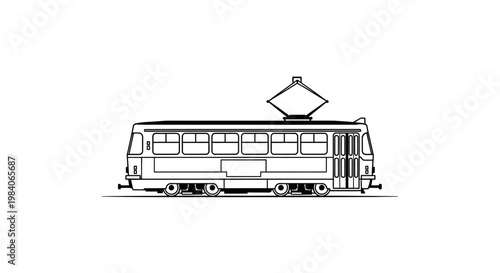 Black and white line art illustration of a classic tramcar