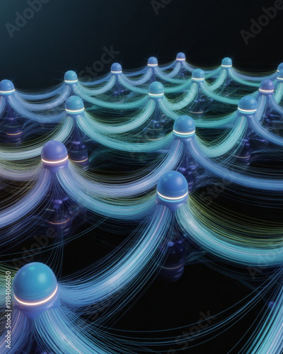 Symmetric grid of glowing blue jellyfish shaped nodes with flowing fiber optic light strands.