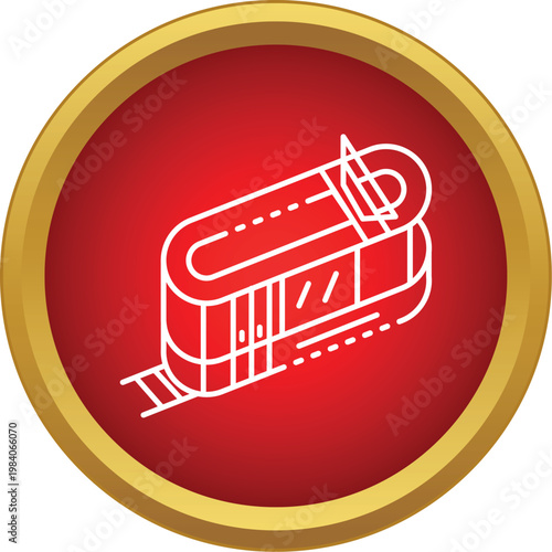 Tram outline icon symbolizing urban transit and commuting inside a red circle