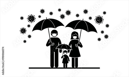 Family protected by umbrellas from coronavirus pandemic outbreak