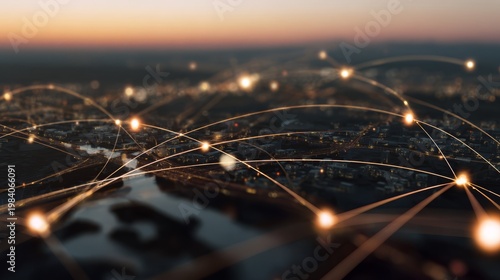 points. Cityscape with abstract data streams flowing over urban silhouette, network connection concept. product launch decks, UI/UX mockups, designed for product launches and innovation pitches.
