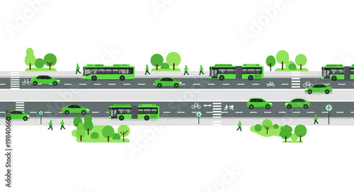 Green city street with vehicles and trees on transparent background silhouette