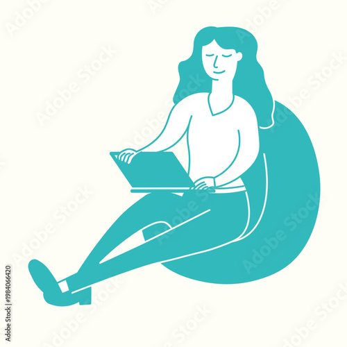 Vector illustration for website design, social media posts, and marketing, woman using a laptop, sitting on a bean bag, flat style