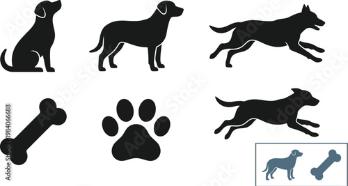 Collection of black silhouette dog icons, including sitting, standing, running, a bone, and a paw print, on a white background for versatile design use.