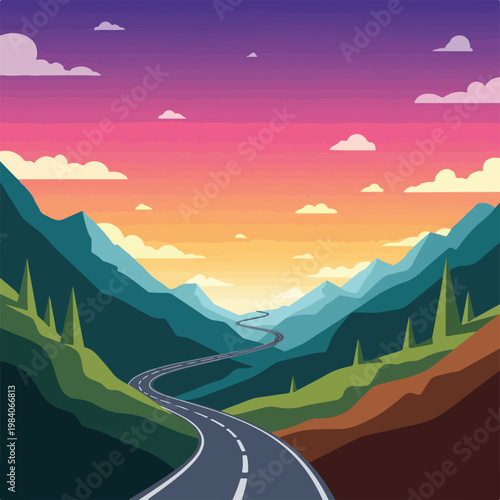 Winding road through mountain landscape.