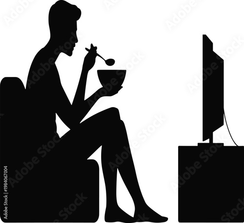 Black silhouette of a person eating while watching television vector illustration EPS PNG file