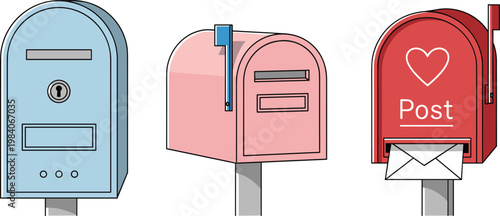Set of Colorful Mailboxes in Blue, Pink, and Red with Letter Slots and Post Flags for Mail, Correspondence, and Communication Designs