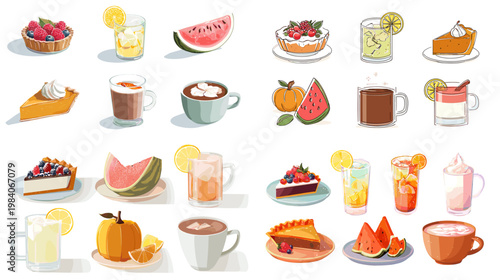 Colorful dessert and beverage collection with cake watermelon coffee tea lemonade and sweets in flat style for cafe menu bakery packaging and food design