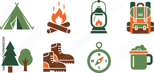 Camping and outdoor adventure icons a collection of essential gear for wilderness exploration