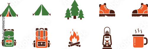 Colorful camping icons set tents trees boots lanterns fire and coffee mugs