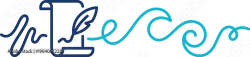 A quill pen and inkwell on a scroll connect to stylized waves, symbolizing creativity and flow.