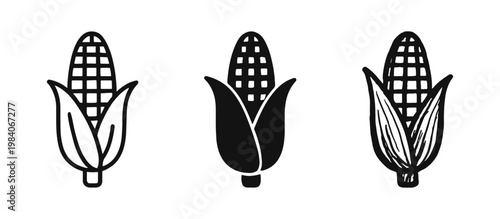 Corn cob icons in outline, solid, and hand-drawn styles - sweetcorn vegetable agriculture vector