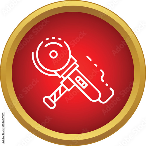 Angle grinder vector icon on a red background featuring a cutting disk and sparks