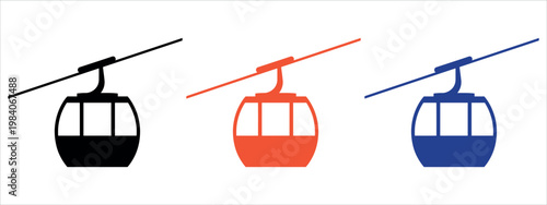 Minimalist vector illustration of three vibrant cable car gondolas in black, red, and blue. Ideal for travel, tourism, transportation, and urban design projects.