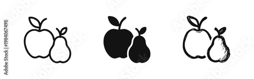 Apple and Pear Fruit Icons Set in Outline, Silhouette, and Hand-Drawn Styles