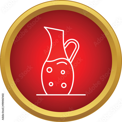 White line drawing of a beverage pitcher with handle on a round red and gold button