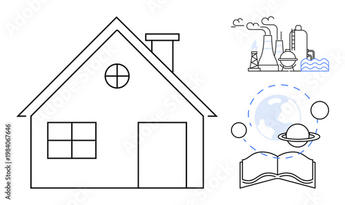 Sustainability, environmental impact, industrial emissions, clean energy, eco-friendly lifestyle, education. A home, factory pollutants Earth with orbiting planets and a book. Sustainability