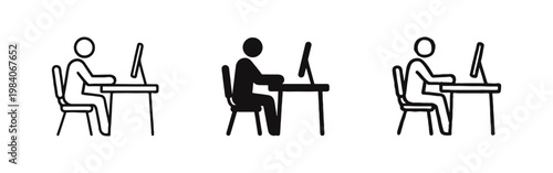 Person Working on Computer at Desk Icons Representing Office Work and Freelancing