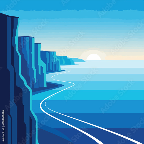 Road winds along rocky cliffside coast.