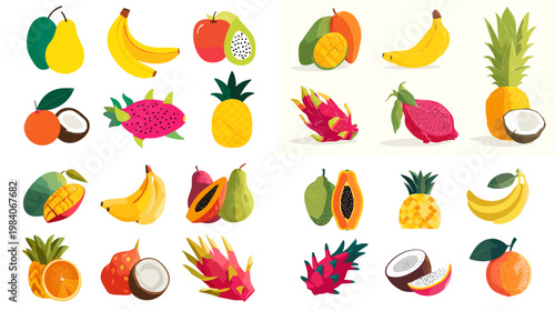 Tropical fruit collection with banana pineapple mango dragon fruit coconut and citrus in colorful flat style for healthy food design summer themes and packaging