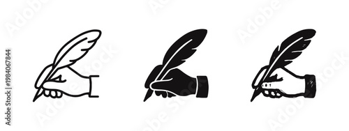 Hand Writing with Feather Quill Pen Icons for Poetry and History Concepts