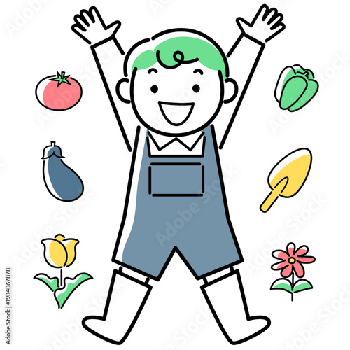 ジャンプするサロペットを着た男の子