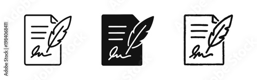 Signed Document with Feather Quill Pen Icons for Legal Contracts and History