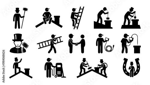 Chimney Sweep Worker Silhouettes Set, Rooftop Cleaning and Trade Service Icons