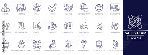 Sales team line icon set. Prospect, conversion, sales reports, marketing, sales funnel, lead generation and business workflow and more. Perfect outline icon collection.