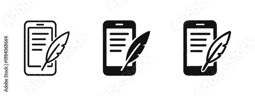 Smartphone with Quill Pen Icon Set - Mobile Writing and Digital Blogging Symbols