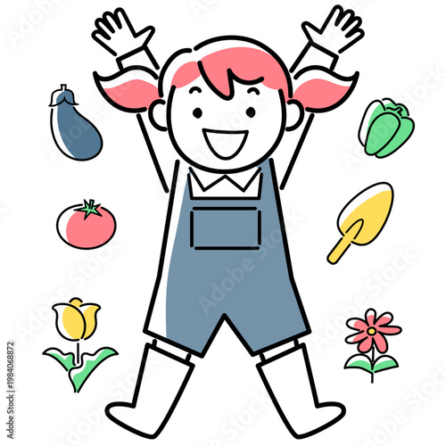 ジャンプするサロペットを着た女の子