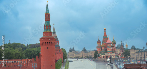 Wide panorama of Red Square with Saint Basil Cathedral and Kremlin tower in Moscow