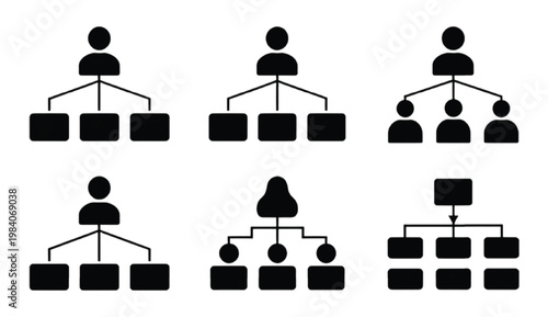 Team hierarchy and organizational structure silhouette set featuring management levels reporting lines employee roles and company structure layout elements for business applications