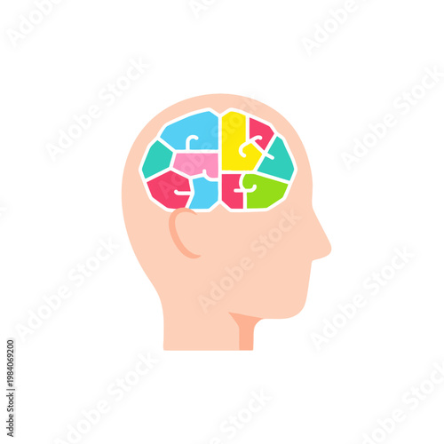 A colorful illustration of a human head with a puzzle brain