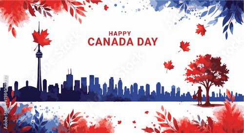 Photos Toronto skyline with red maple leaves in patriotic colorful illustration for Can