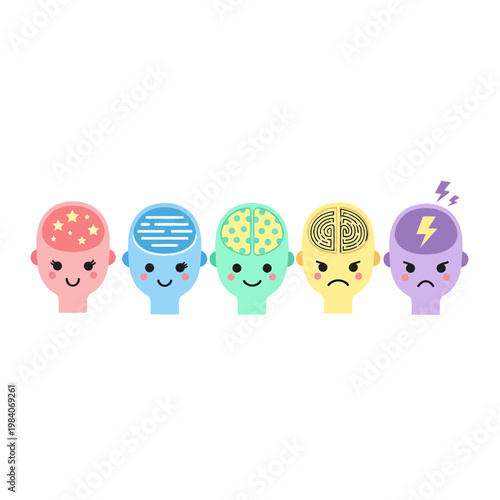 Illustration of five cartoon heads representing different Emotions with brains showing various symbols.
