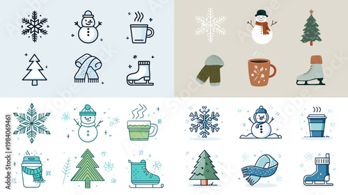 Winter icon set with snowflakes snowman tree mittens skates and warm drinks in simple outline style for holiday greeting cards seasonal decor and festive design