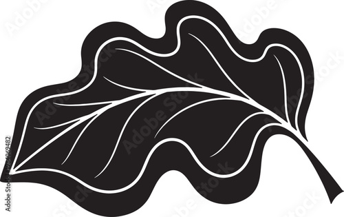 Detailed black leaf illustration with wavy edges and internal veining.