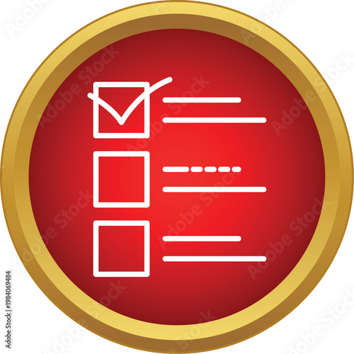 Checklist icon with a tick representing completion inside a red button with a gold rim