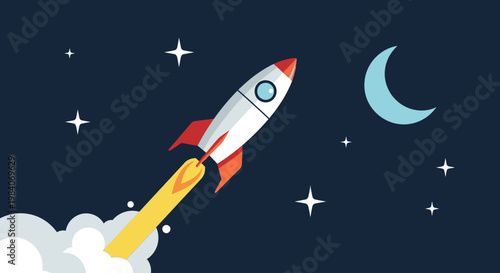 Cartoon rocket launching into a starry night sky with a crescent moon.