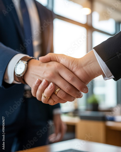 Man and woman handshake with rings showing partnership and commitment for business success.