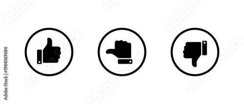 Thumb up, sideways, and down icon in circular outline. Like, neutral, and dislike symbol. Feedback reaction sign